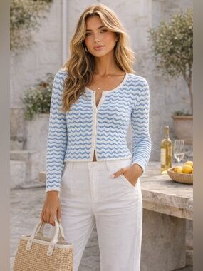 Amanda Uprichard Breezy Cardigan Blue White Wave Knit Top Size S